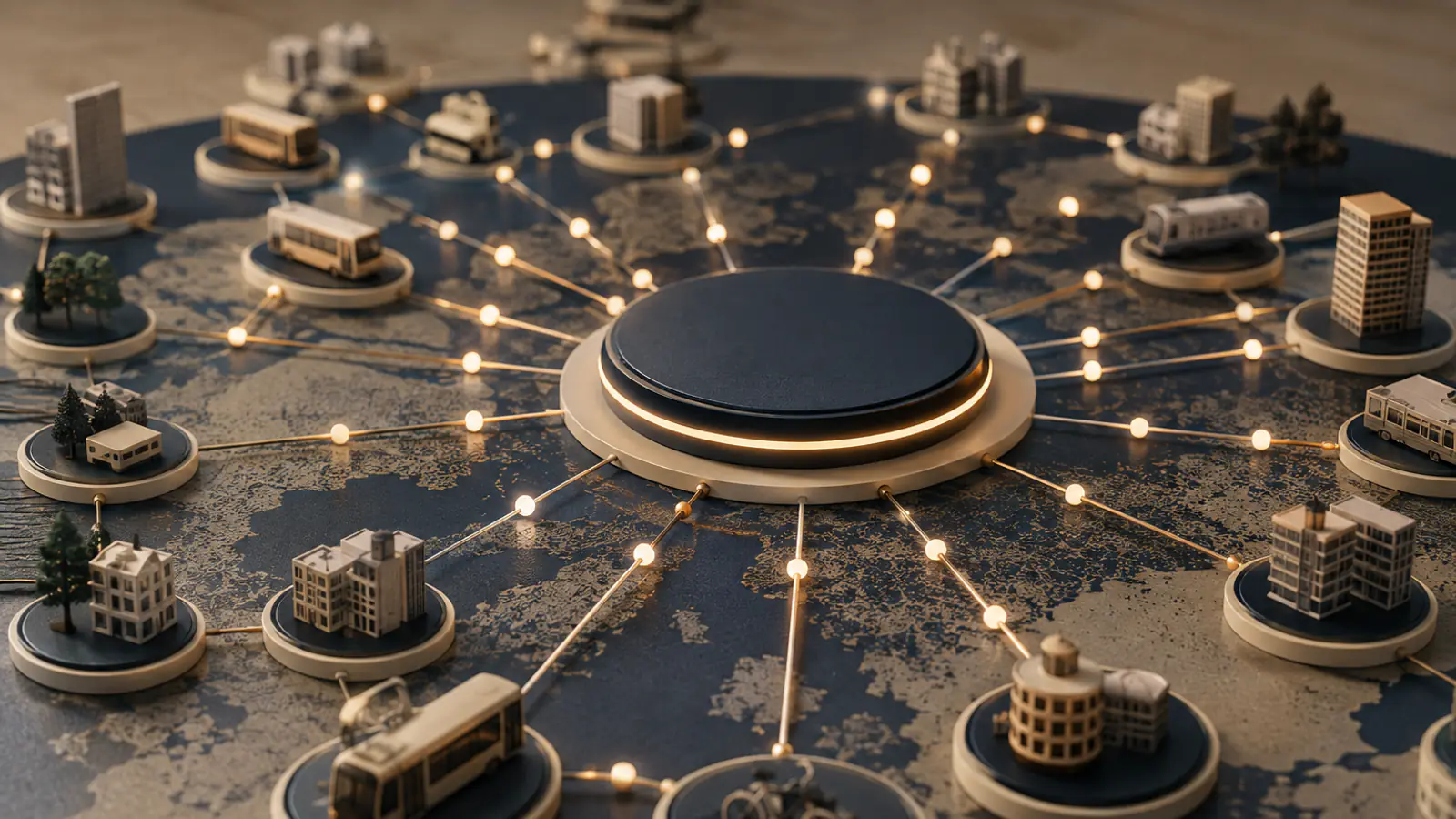 Una disposizione radiale di edifici e mezzi di trasporto in miniatura collegati da linee luminose a un hub centrale su una mappa, a rappresentare i nodi urbani che riportano dati comparabili.